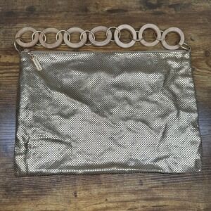 Whiting and Davis Champagne Gold Mesh Clutch Bag with Wood Ring Handle